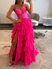 Hot Pink Strapless Cutout Tiered Ruffle Long Prom Dress with Slit