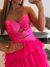 Hot Pink Strapless Cutout Tiered Ruffle Long Prom Dress with Slit