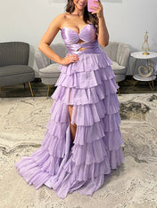Hot Pink Strapless Cutout Tiered Ruffle Long Prom Dress with Slit