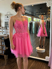 Hot Pink Strapless Lace Appliques Sheer Short Homecoming Dress