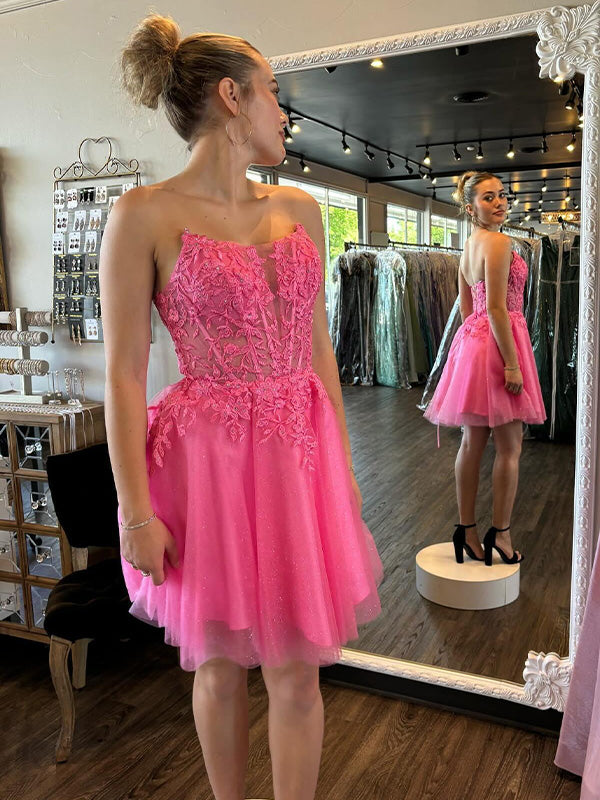 Hot Pink Strapless Lace Appliques Sheer Short Homecoming Dress
