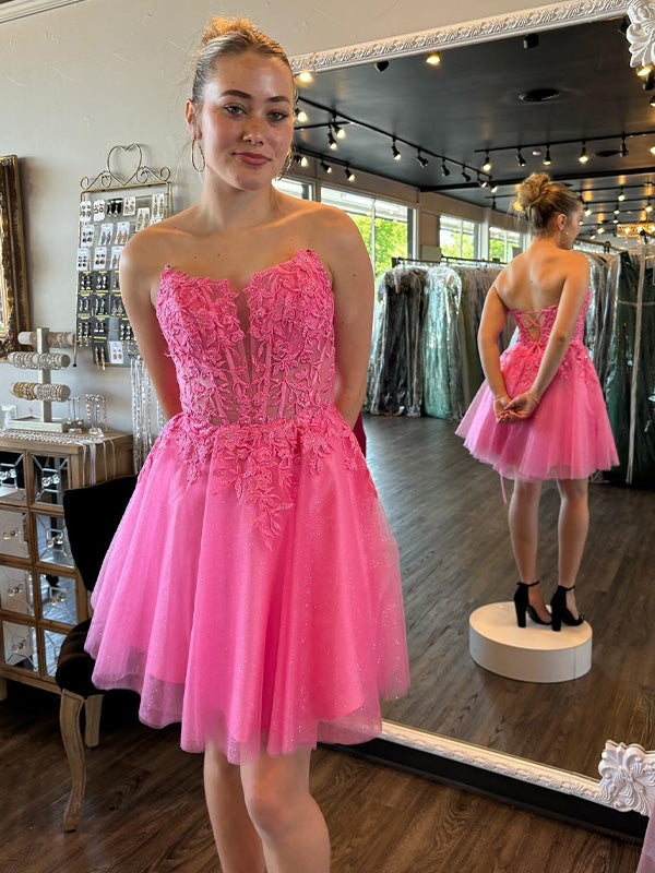 Hot Pink Strapless Lace Appliques Sheer Short Homecoming Dress