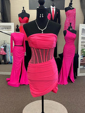 Hot Pink Strapless Sheer Corset Short Tight Homecoming Dress