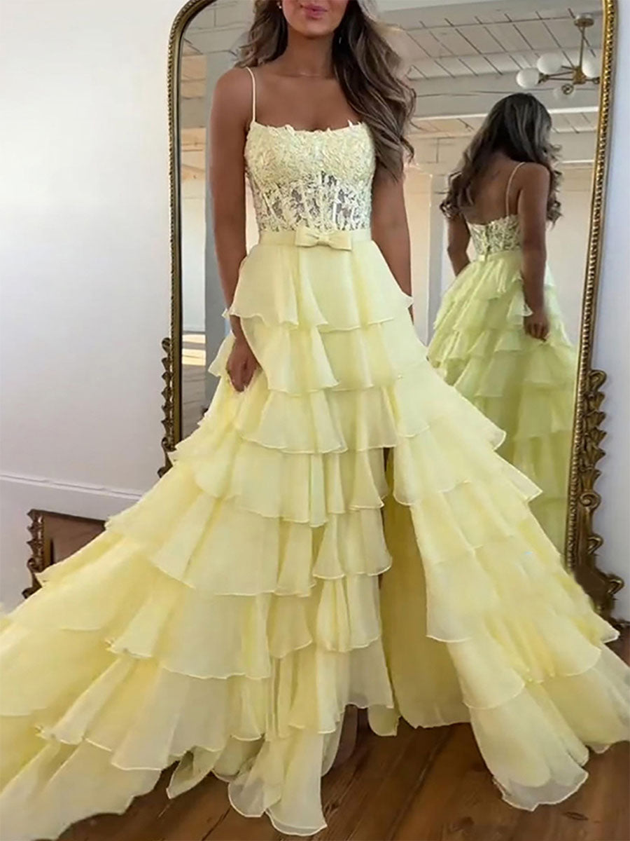 Hot Pink Tiered Ruffle Corset A-Line Prom Dress with Slit