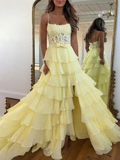 Hot Pink Tiered Ruffle Corset A-Line Prom Dress with Slit