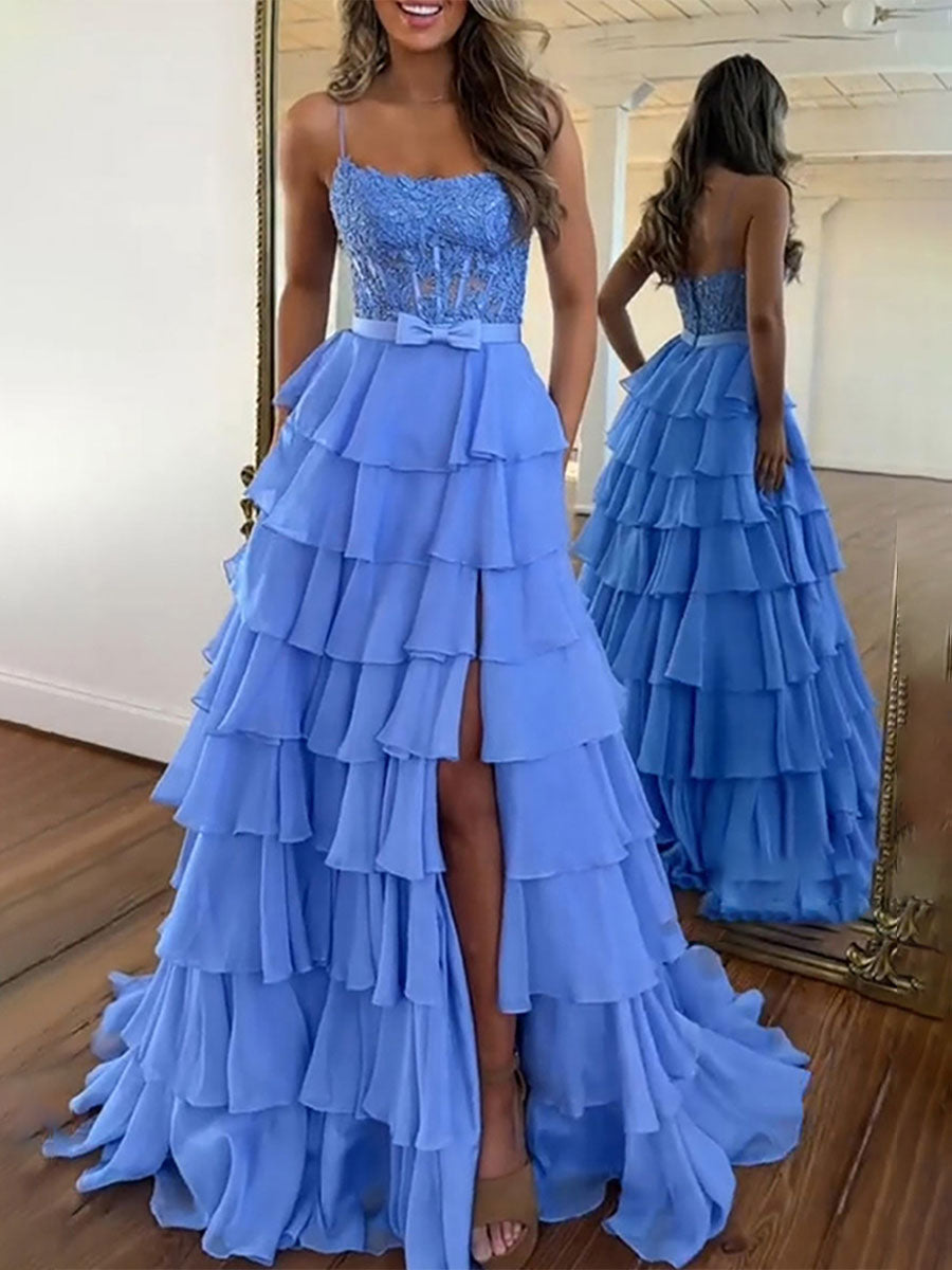 Hot Pink Tiered Ruffle Corset A-Line Prom Dress with Slit