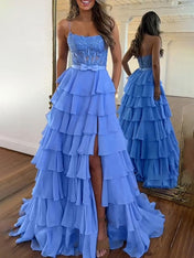 Hot Pink Tiered Ruffle Corset A-Line Prom Dress with Slit