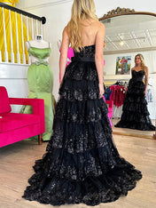 Hot Pink Tiered Sequin Ruffle Statement Bow Prom Dress with Slit