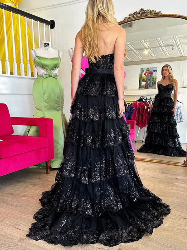 Hot Pink Tiered Sequin Ruffle Statement Bow Prom Dress with Slit