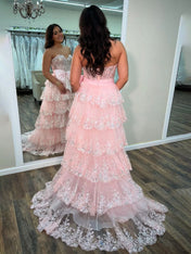 Hot Pink Tiered Sequin Ruffle Statement Bow Prom Dress with Slit