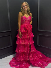 Hot Pink Tiered Sequin Ruffle Statement Bow Prom Dress with Slit