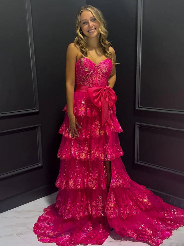 Hot Pink Tiered Sequin Ruffle Statement Bow Prom Dress with Slit
