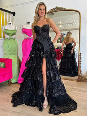 Hot Pink Tiered Sequin Ruffle Statement Bow Prom Dress with Slit