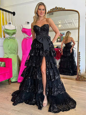 Hot Pink Tiered Sequin Ruffle Statement Bow Prom Dress with Slit