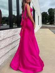 Hot Pink V-Neck Prom Dress with Cascading Back Ruffle