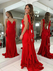 Hot Pink V-Neck Prom Dress with Cascading Back Ruffle