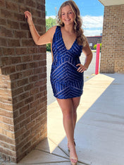 V-Neck Sequins Mesh Sleeveless Short Homecoming Dress