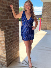 Hot Pink V-Neck Sequins Mesh Sleeveless Short Homecoming Dress