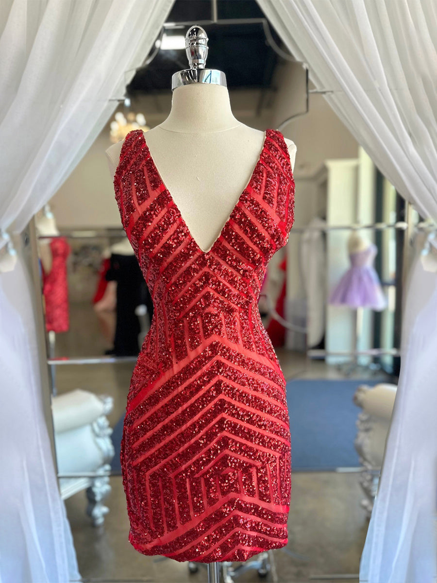 Hot Pink V-Neck Sequins Mesh Sleeveless Short Homecoming Dress