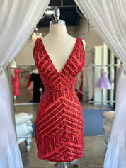 Hot Pink V-Neck Sequins Mesh Sleeveless Short Homecoming Dress