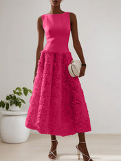 White 3D Floral Boat Neck A-Line Midi Dress