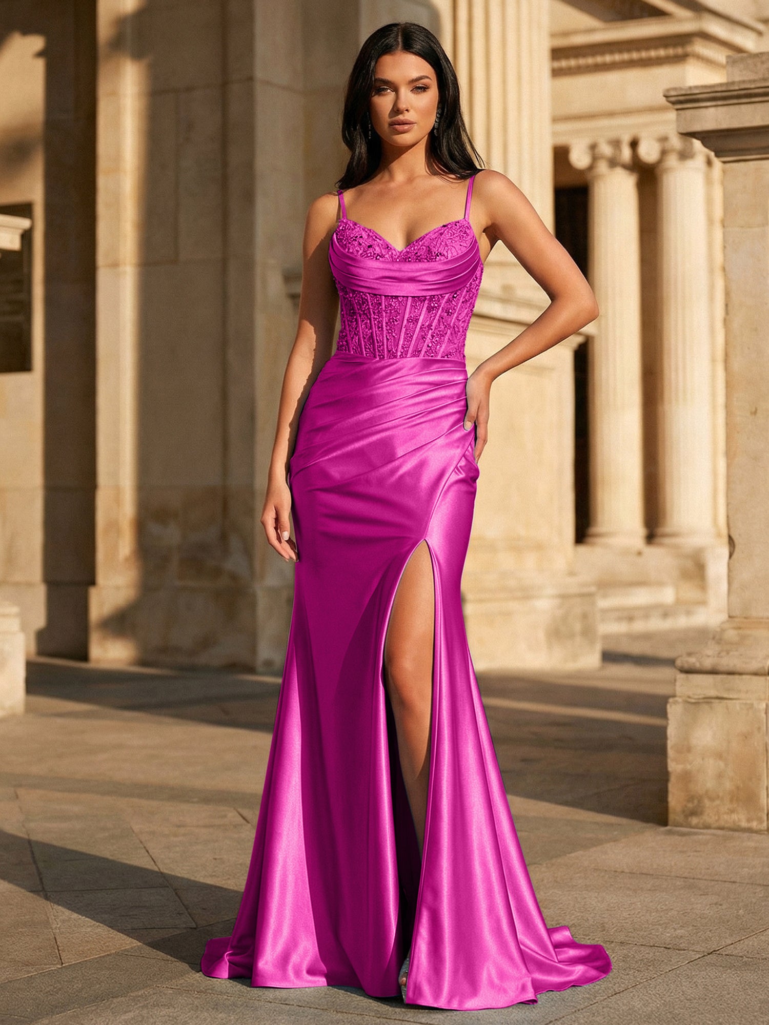 Sky Blue Satin Corset Long Prom Dress with Draped Neckline