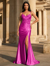 Sky Blue Satin Corset Long Prom Dress with Draped Neckline