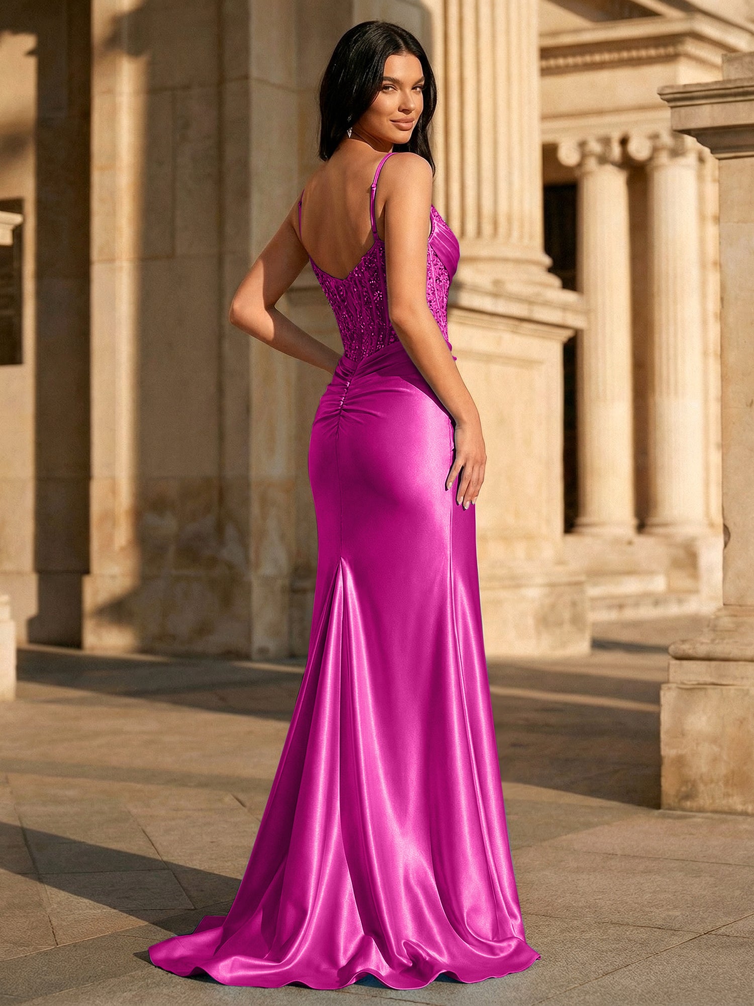 Sky Blue Satin Corset Long Prom Dress with Draped Neckline