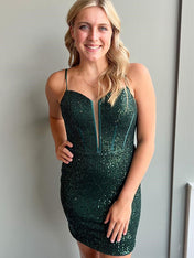 Hunter Green Sequin Scoop Neck Lace-Up Short Homecoming Party Dress