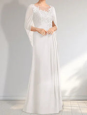 Robe de mère de la mariée trapèze en mousseline de soie et dentelle, longueur au sol, avec décolleté en V et paillettes plissées