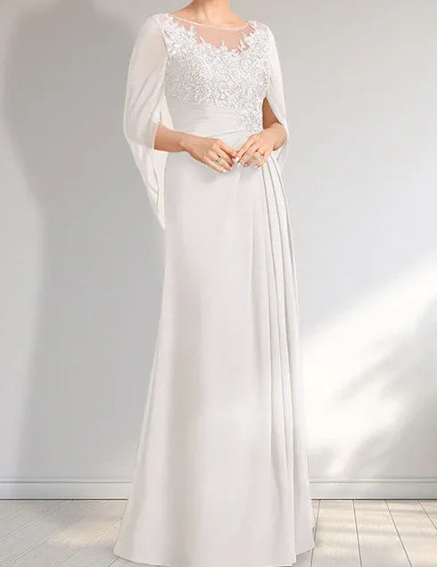 Robe de mère de la mariée trapèze en mousseline de soie et dentelle, longueur au sol, avec décolleté en V et paillettes plissées