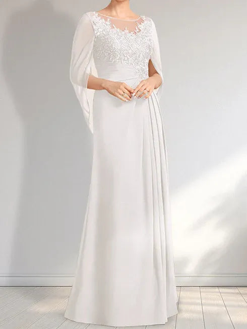 A-line Scoop Illusion Floor-Length Lace Chiffon Mother of the Bride Dress With Pleated Sequins