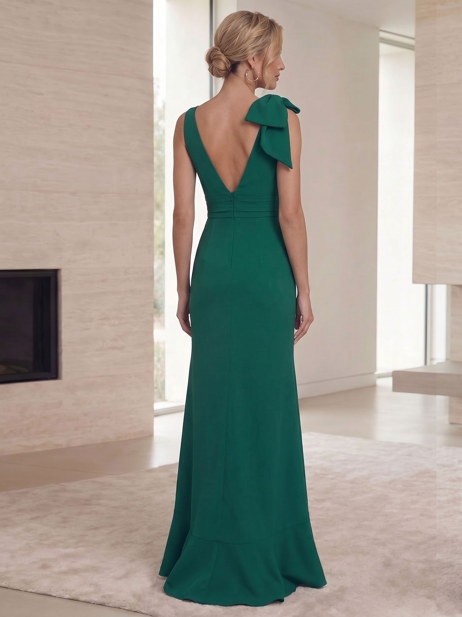 Ice Blue Bow-Accent Ruffle Slit Gown Formal Evening Dress