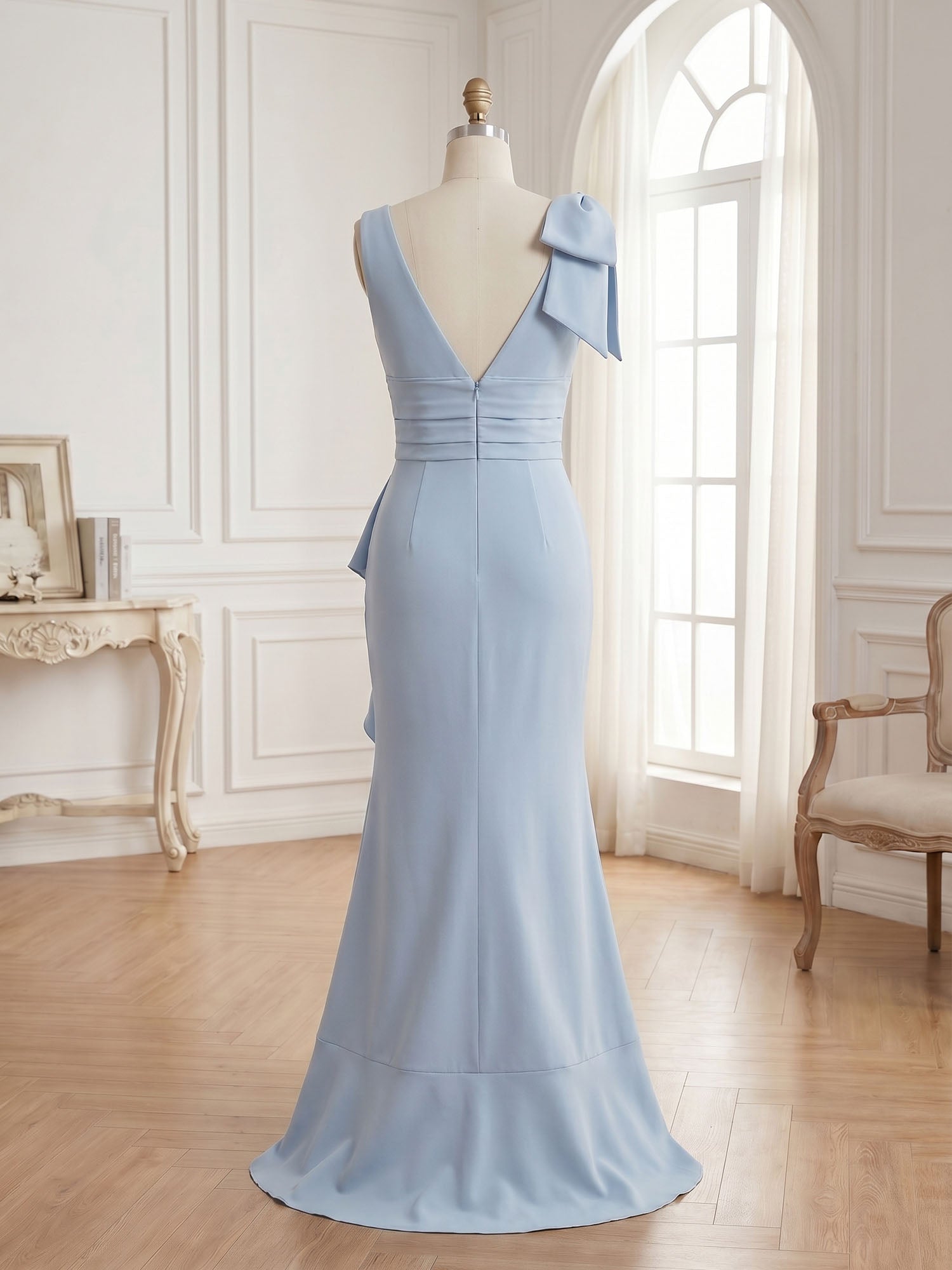 Ice Blue Bow-Accent Ruffle Slit Gown Formal Evening Dress