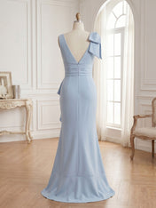 Ice Blue Bow-Accent Ruffle Slit Gown Formal Evening Dress