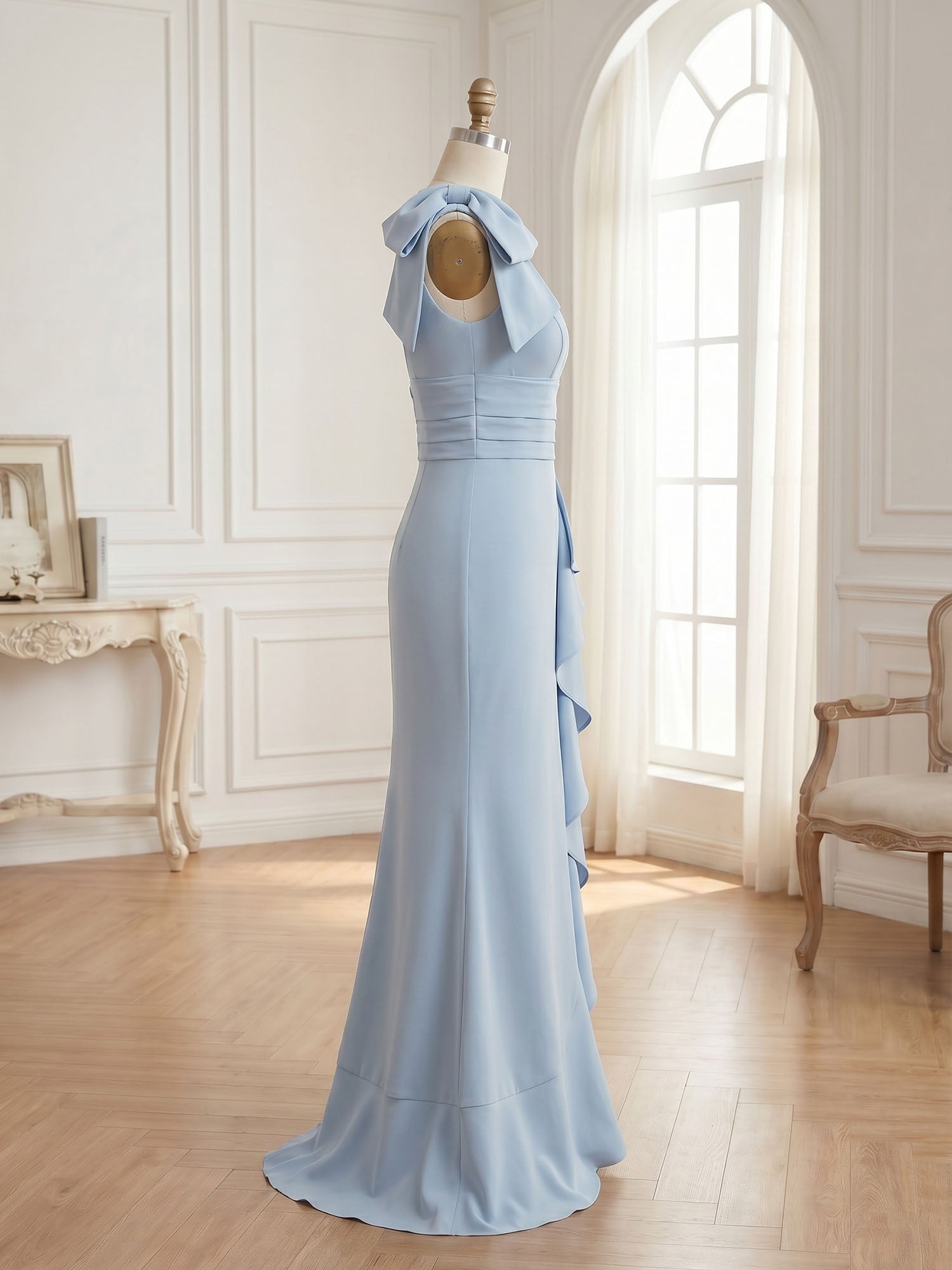 Ice Blue Bow-Accent Ruffle Slit Gown Formal Evening Dress