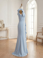 Ice Blue Bow-Accent Ruffle Slit Gown Formal Evening Dress
