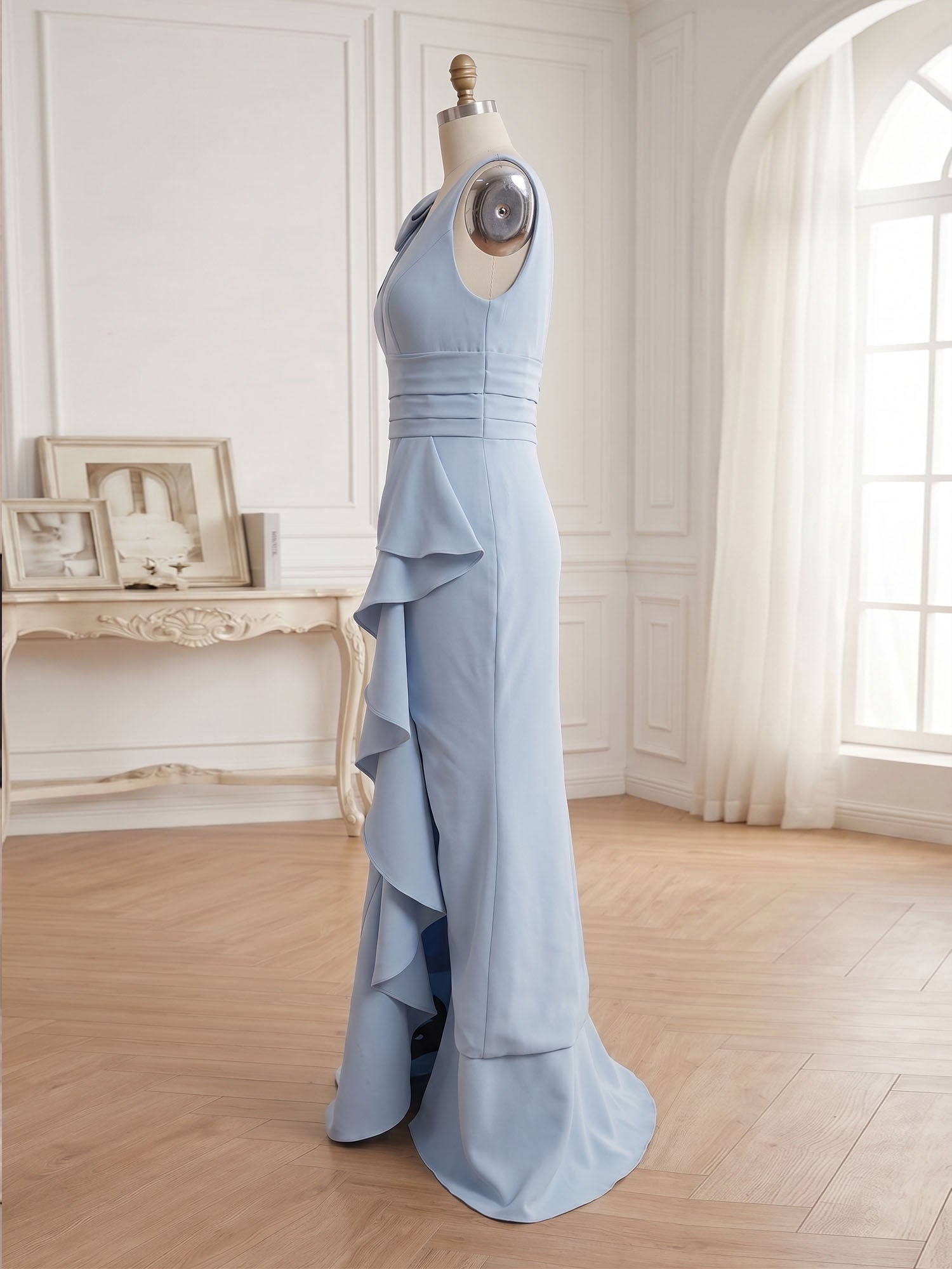 Ice Blue Bow-Accent Ruffle Slit Gown Formal Evening Dress