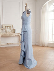 Ice Blue Bow-Accent Ruffle Slit Gown Formal Evening Dress