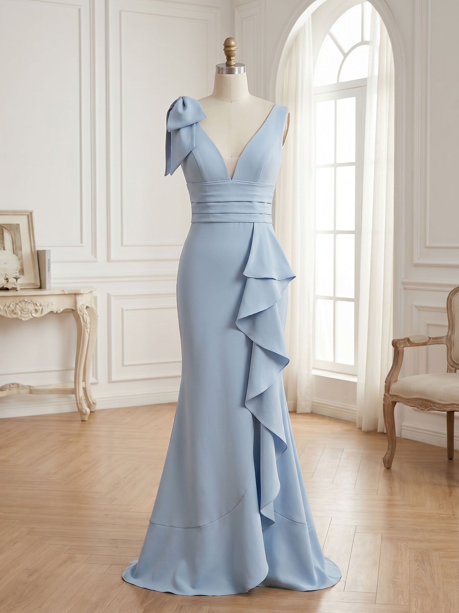 Ice Blue Bow-Accent Ruffle Slit Gown Formal Evening Dress