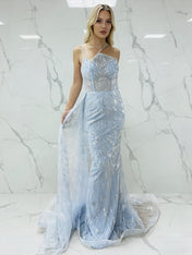 Ice Blue Geometric Beaded Prom Dress with Tulle Overskirt
