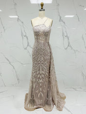 Ice Blue Geometric Beaded Prom Dress with Tulle Overskirt