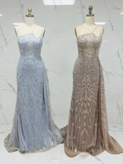 Ice Blue Geometric Beaded Prom Dress with Tulle Overskirt