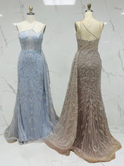 Ice Blue Geometric Beaded Prom Dress with Tulle Overskirt