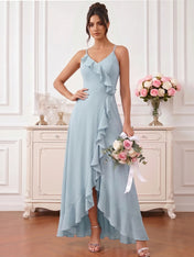 Ice Blue High-Low Chiffon Bridesmaid Dress with Cascading Ruffles