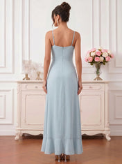 Ice Blue High-Low Chiffon Bridesmaid Dress with Cascading Ruffles