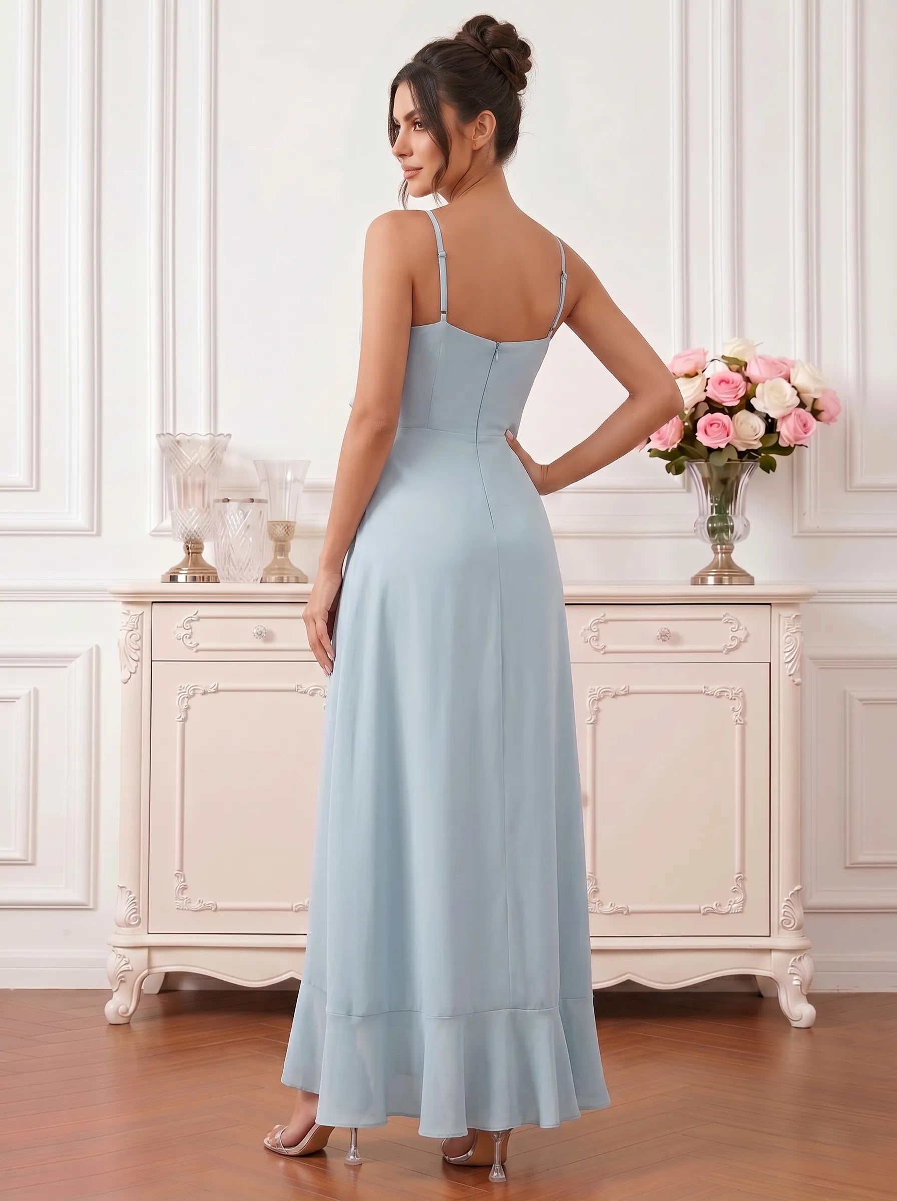 Ice Blue High-Low Chiffon Bridesmaid Dress with Cascading Ruffles
