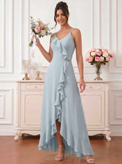 Ice Blue High-Low Chiffon Bridesmaid Dress with Cascading Ruffles