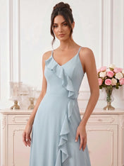 Ice Blue High-Low Chiffon Bridesmaid Dress with Cascading Ruffles