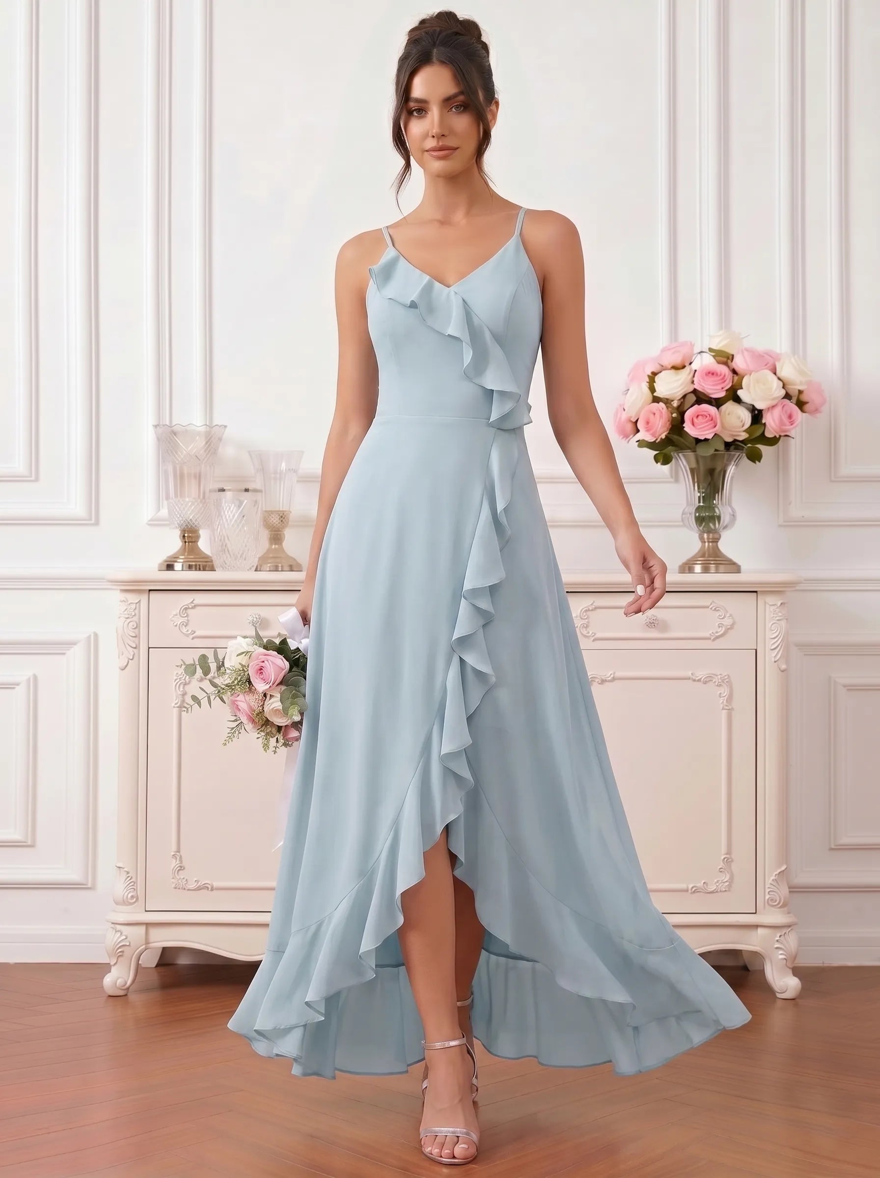 Ice Blue High-Low Chiffon Bridesmaid Dress with Cascading Ruffles